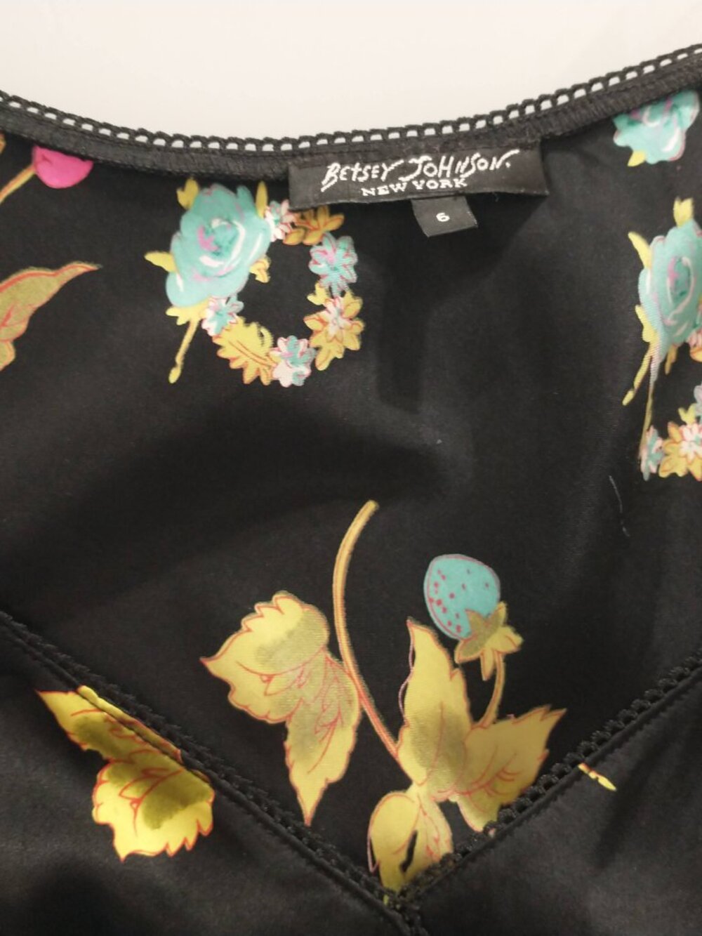 VTG 90s Betsey Johnson Black Silk Cherry Strawberry Floral Fruit Slip Midi Dress - Picture 7 of 16